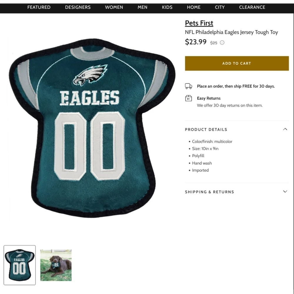Pets First NFL Philadelphia Eagles Jersey Tough Squeaker Dog Toy NWOT